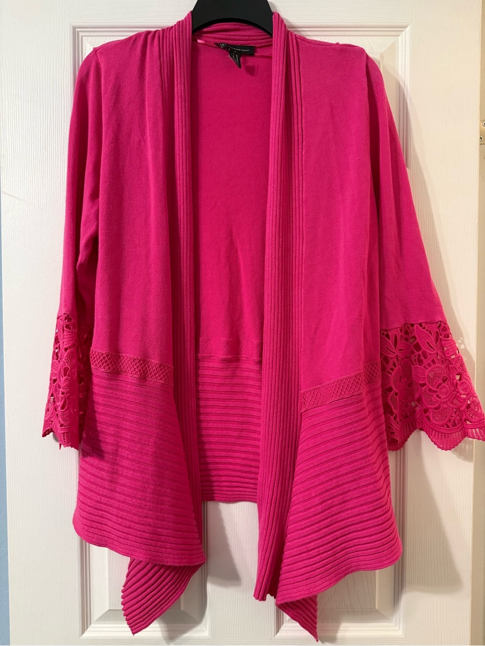 INC International Concepts Hot Pink Open-Front Cardigan with Crochet Sleeves